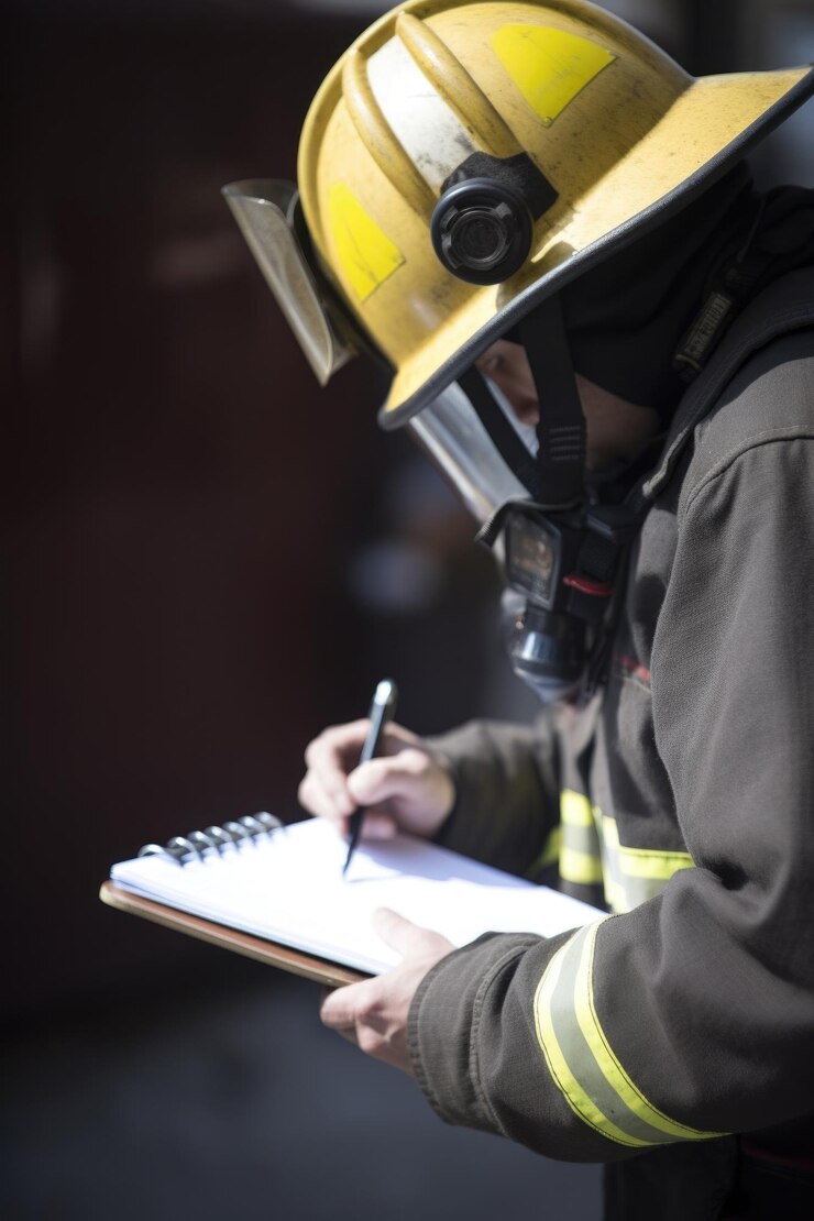 Toma de un bombero escribiendo en un portapapeles creado con IA generativa