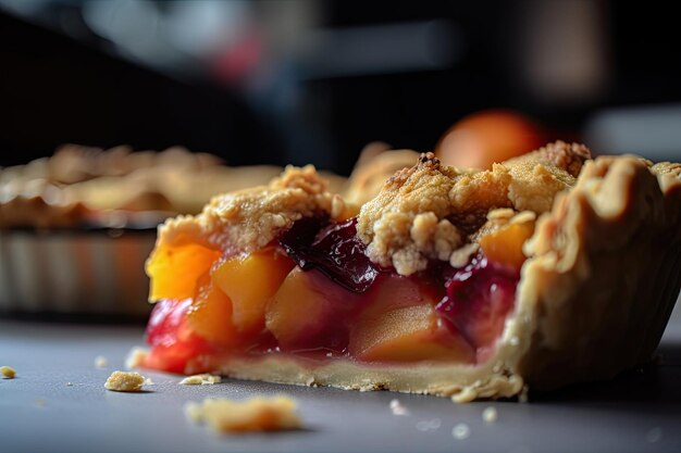 Toma borrosa de pastel de frutas con corteza desmenuzable y relleno jugoso visible creado con ai generativo