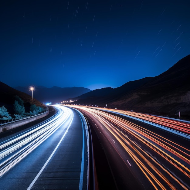 Toma de carretera de larga exposición por la noche