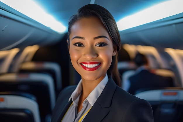 Una toma de cerca de una azafata de vuelo de pie en el pasillo de una cabina de avión acogiendo calurosamente a los pasajeros con una sonrisa AI generativa