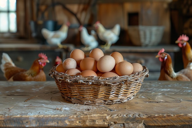 Una toma de cerca de una canasta de huevos de mimbre en una mesa de madera con un telón de fondo borroso de pollos y telón de fundo de la naturaleza IA generativa