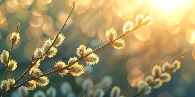 Una toma de cerca del fondo de primavera con ramas de sauce a la luz del sol con un gran espacio borroso para el texto o el fondo de publicidad del producto IA generativa