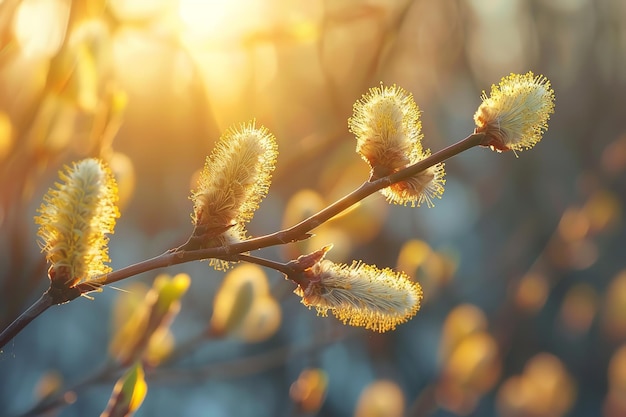 Una toma de cerca del fondo de primavera con ramas de sauce a la luz del sol con un gran espacio borroso para el texto o el fondo de publicidad del producto IA generativa