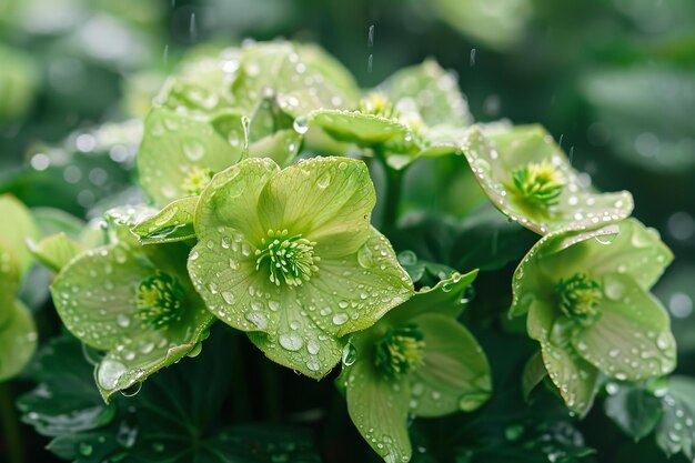 Una toma de cerca de unas gotas de lluvia frescas en exuberantes Hellebores verdes en primavera con un gran espacio borroso para el texto o el fondo del producto IA generativa