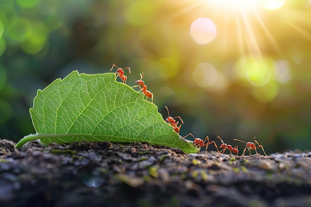 Foto una toma de cerca de una hormiga que lleva una hoja en la espalda y la mueve a su nido con un hermoso telón de fondo de luz diurna y un gran espacio para el texto ia generativa