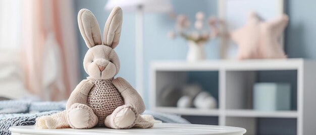 Foto una toma de cerca de un lindo juguete de conejo en la mesa en la habitación de los niños con un gran espacio en la mesa y la cama para el texto o el fondo de publicidad del producto ia generativa