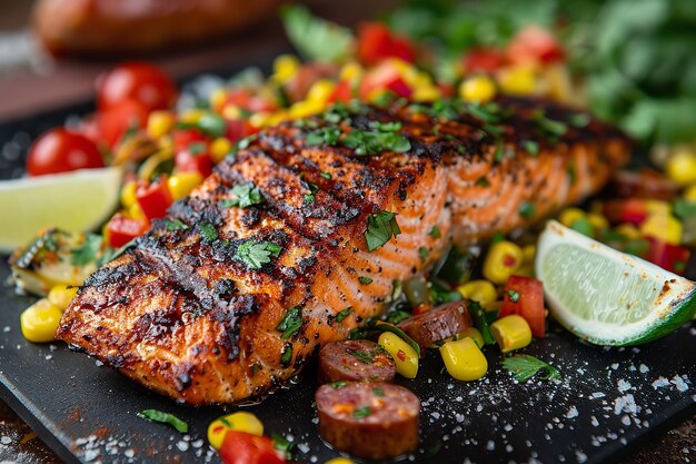 Foto una toma de cerca de salmón recién ennegrecido en un plato negro sobre una superficie blanca limpia con un gran espacio para texto o fondo de publicidad de producto ia generativa