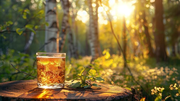 Foto una toma de cerca de un vaso de savia de abedul fresca en una mesa de madera contra un telón de fondo de naturaleza con un gran espacio para texto o publicidad de productos ia generativa