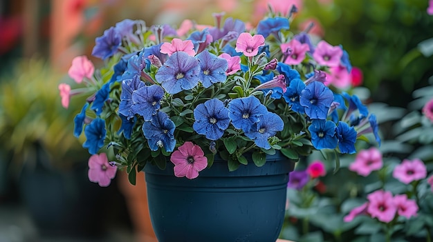 Foto una toma cercana de la flor de petunia con combinación de azul y rosa con un gran telón de fondo borroso para el texto o el telón de fundo de publicidad de productos ia generativa