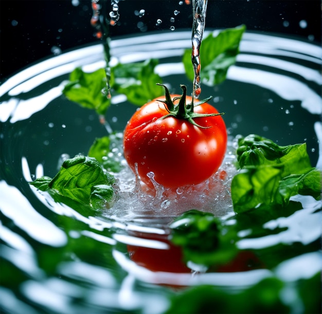 Foto toma cinematográfica de tomate en el centro agua helada hojas verdes iluminación de película de salpicaduras de agua hd