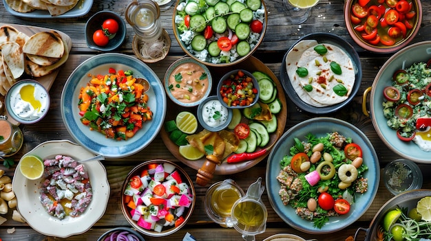 Una toma cristalina de un vibrante mezze mediterráneo extendiendo varios platos estilo mesa rústica