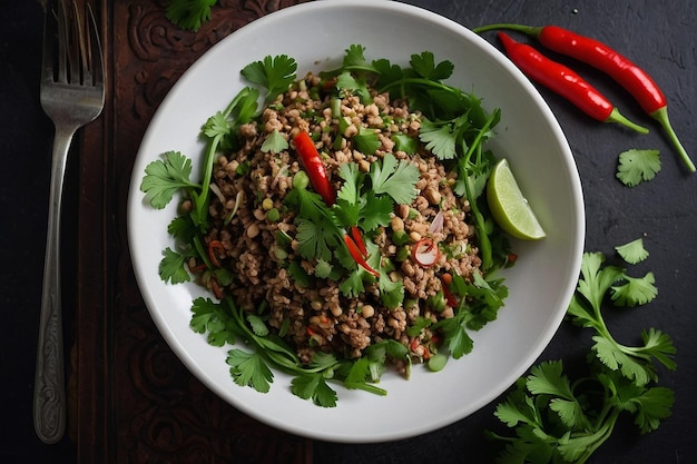 Toma por defecto una toma aérea de larva con cilantro fresco