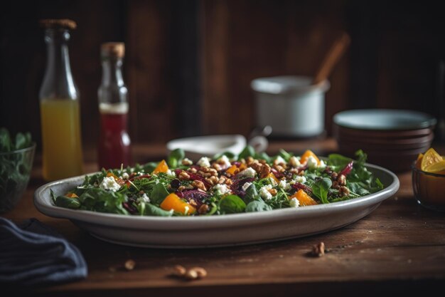 Toma de una deliciosa ensalada en una mesa creada con ai generativo