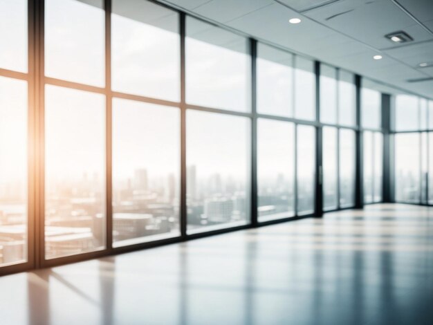 Toma desenfocada de un hermoso fondo borroso de un interior de oficina moderno y luminoso con vistas panorámicas