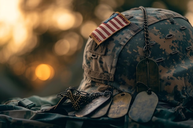 Foto una toma detallada de un casco militar adornado con una bandera una imagen poderosa de una bandera estadounidense plegada etiquetas de perros militares y un casco vacío generado por ia