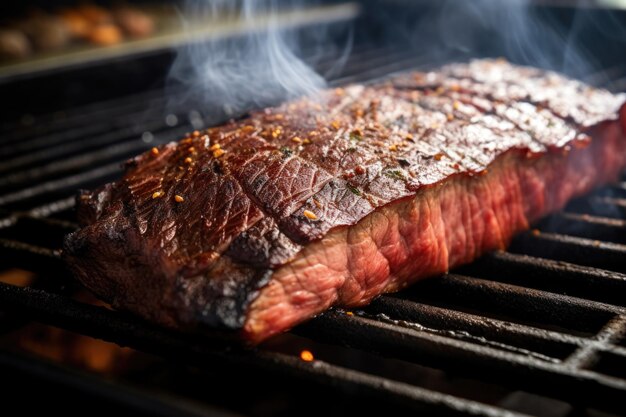 Toma detallada del humo que sale de la pechuga de res asada