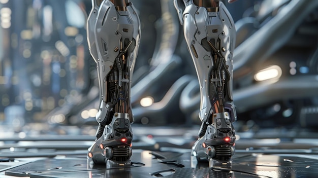 Foto una toma detallada de un personaje con piernas cibernéticas con maquinaria avanzada y diseños elegantes que