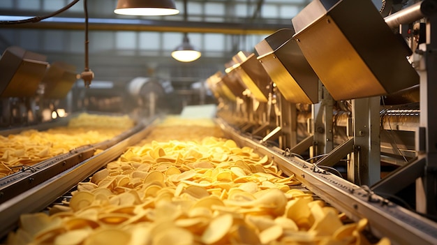 Una toma detrás de escena de una línea de producción de papas fritas