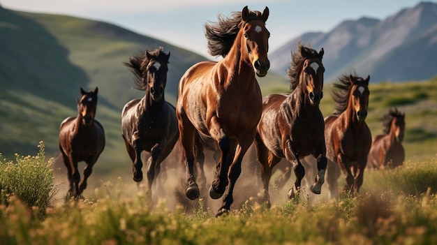 Una toma dinámica de caballos salvajes corriendo libremente en un prado que muestra su espíritu indómito