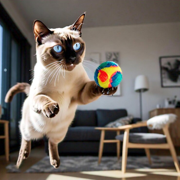 Una toma dinámica de un elegante gato siamés saltando con gracia por el aire