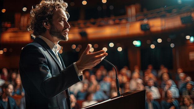 Foto una toma dinámica de un hombre gesticulando apasionadamente mientras pronuncia un discurso desde un podio en