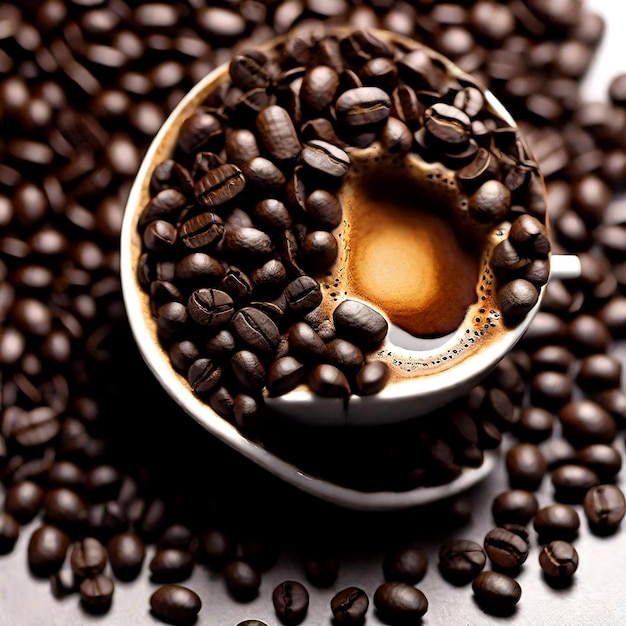 Toma directamente encima de granos de café tostados en la mesa AI_Generated