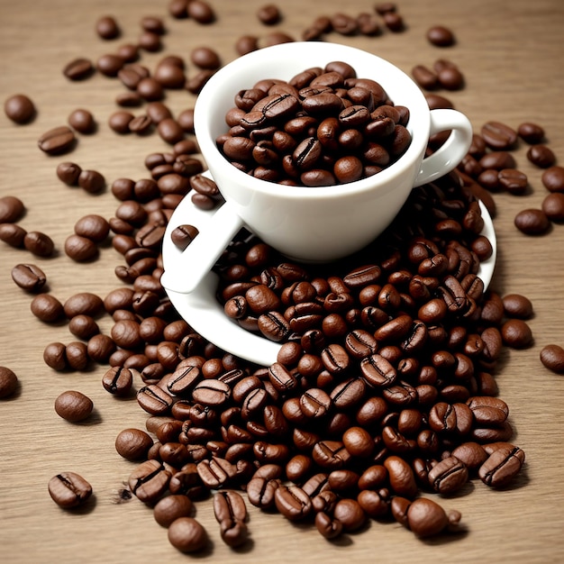Toma directamente encima de granos de café tostados en la mesa AI_Generated