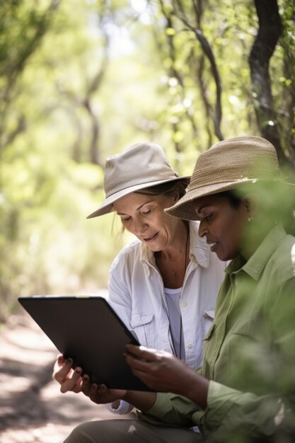 Toma de dos mujeres usando una tableta digital durante una excursión en el monte creada con ai generativo