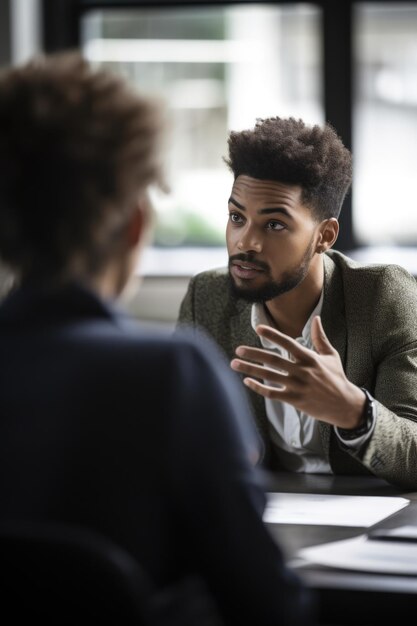 Toma de dos personas hablando durante una reunión en el trabajo.