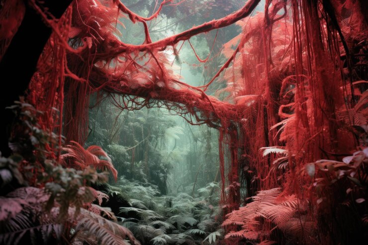 Una toma del dosel de una selva tropical que muestra la vasta jungla en infrarrojo