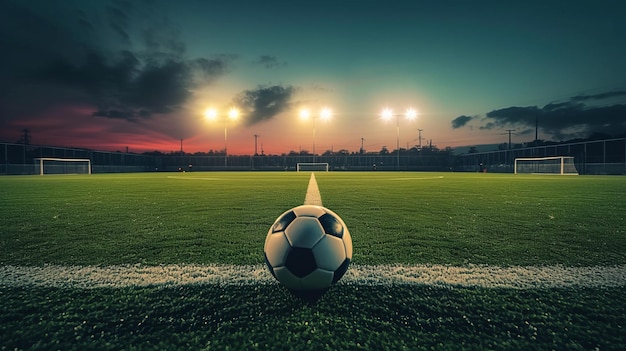 Una toma dramática de una noche de un campo de fútbol la pelota de fútbol sentada en el medio bajo el resplandor de los reflectores lista para jugar creada utilizando una toma dramática en la noche de un terreno de fútbol así que AI Generative