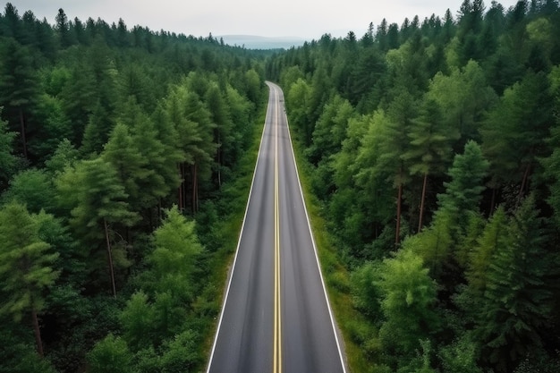 Toma de drones de una carretera vacía junto a un denso bosque