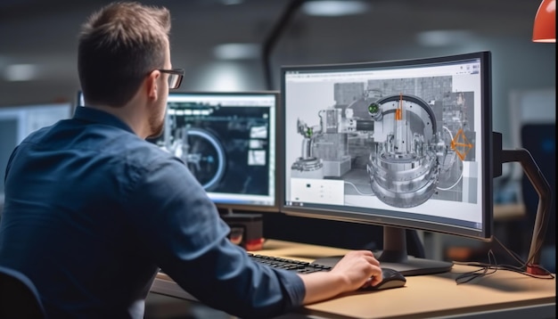 Toma por encima del hombro de un ingeniero que trabaja con software CAD