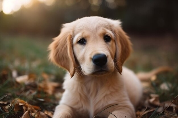 Una toma de enfoque superficial de un lindo cachorro de golden retriever sentado en un terreno de hierba