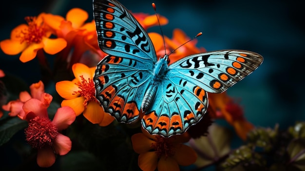 Toma de enfoque superficial de una mariposa naranja sobre una flor amarilla generada por IA