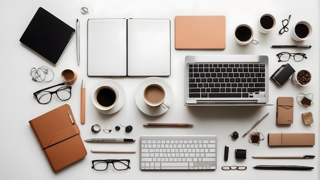 Toma estilo Knolling de café portátil y artículos de suministros de oficina en un escritorio blanco