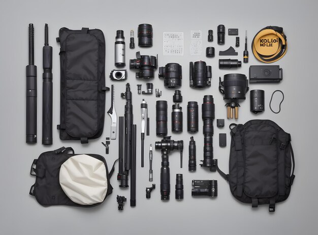 Toma estilo Knolling de equipo fotográfico