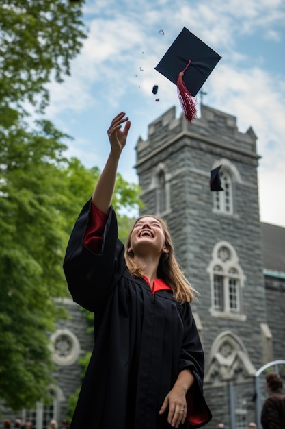 toma de una estudiante lanzando su gorra de graduación al aire creada con ai generativo