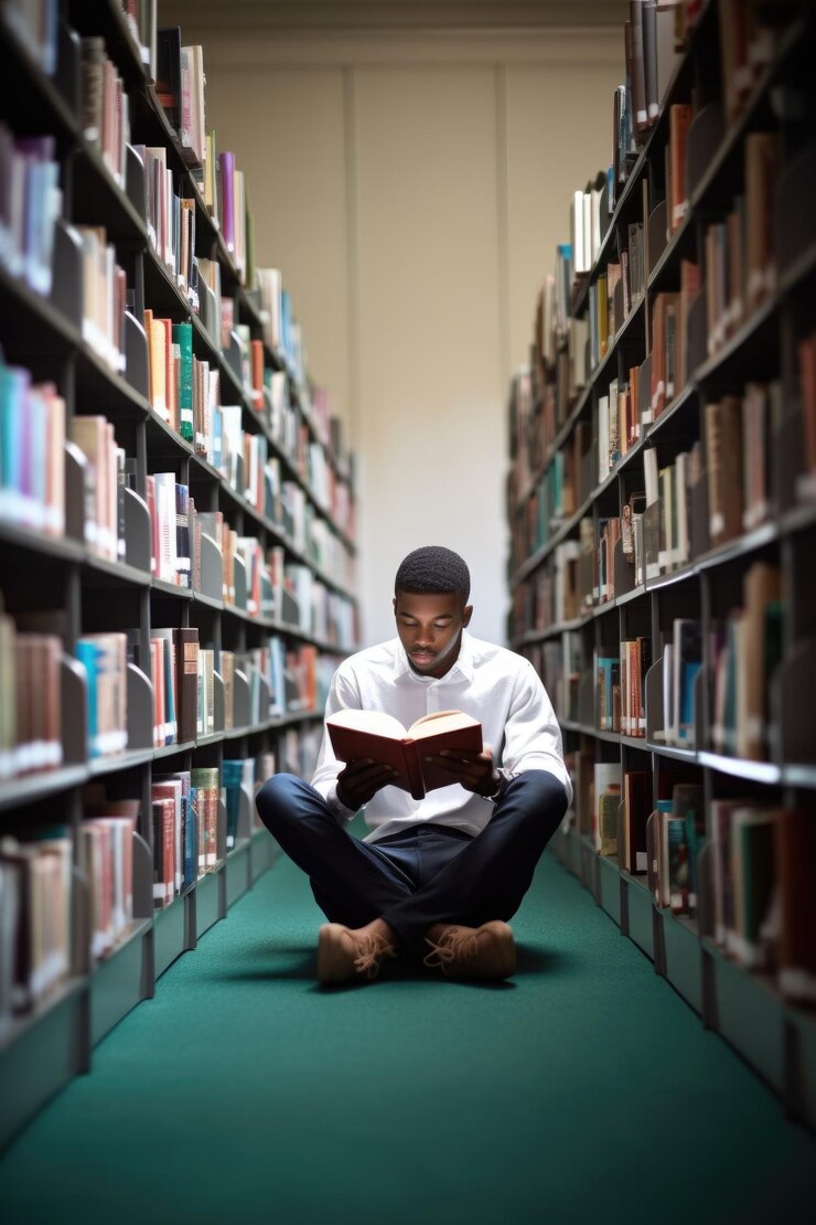 Toma de un estudiante universitario leyendo en la biblioteca del campus creada con IA generativa