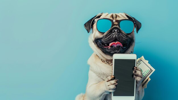 Una toma de estudio de un adorable pug con gafas de sol y un collar de oro sosteniendo un teléfono inteligente en sus patas con un montón de dinero en la boca contra