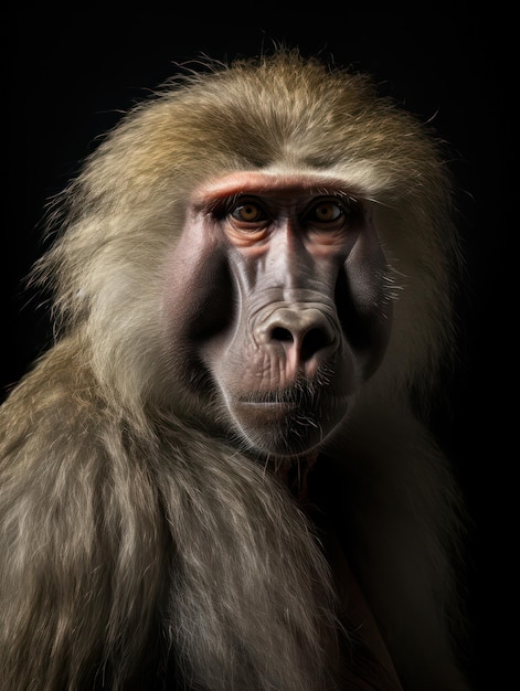 La toma de estudio de Baboon aislada en un fondo negro claro AI generativa