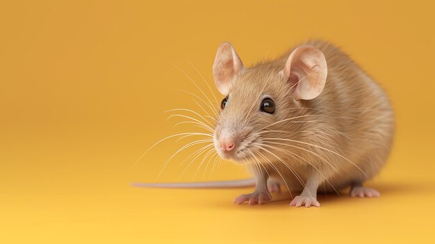 Foto una toma de estudio de una pequeña rata marrón sobre un fondo amarillo la rata está mirando a la cámara con sus bigotes sacudiendo