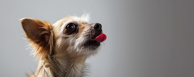 En una toma de estudio, un pequeño perro caniche es capturado desde el frente lamiéndose los labios, proporcionando un amplio espacio de copia para el texto.