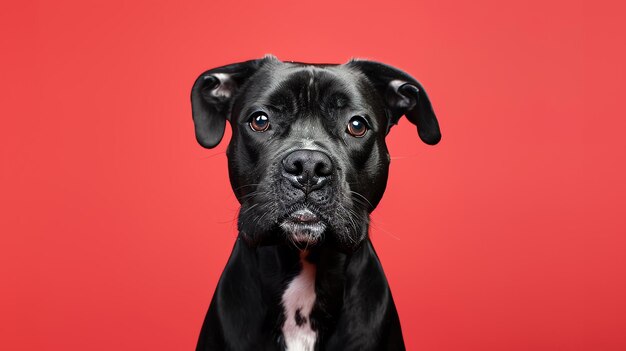 Una toma de estudio de un perro negro con una mancha blanca en el pecho mirando a la cámara con una expresión curiosa en su cara