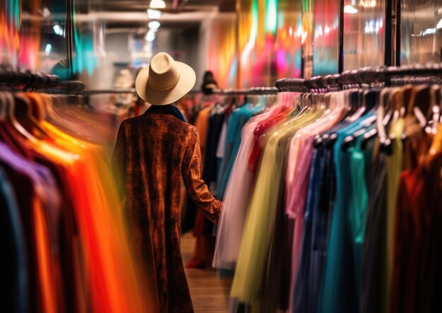 Una toma de exposición larga de un cliente navegando a través de un estante de ropa vintage capturando su