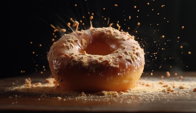 Toma expresiva de donut con cobertura y salpicaduras de azúcar en polvo Imagen de estilo de comida de donut sabroso IA generativa