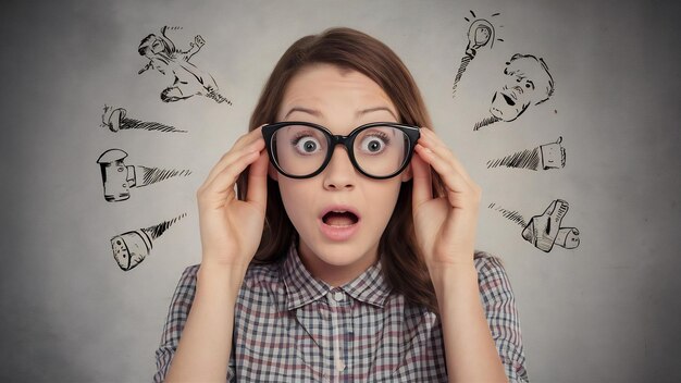 Foto toma una foto de una joven asombrada, sorprendida y temerosa mirando a través de grandes gafas.