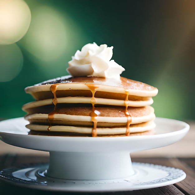 Toma una foto de los panqueques esponjosos y mantecosos que acabas de preparar para el desayuno.