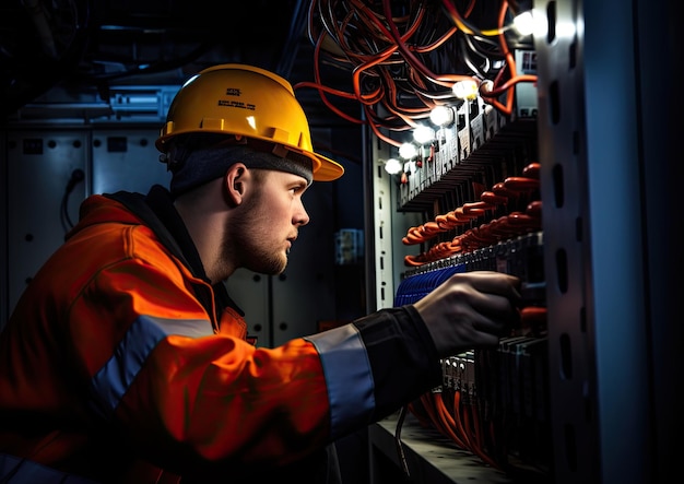 Una toma de gran angular de un electricista trabajando en un panel de distribución de energía en una bulliciosa zona industrial.