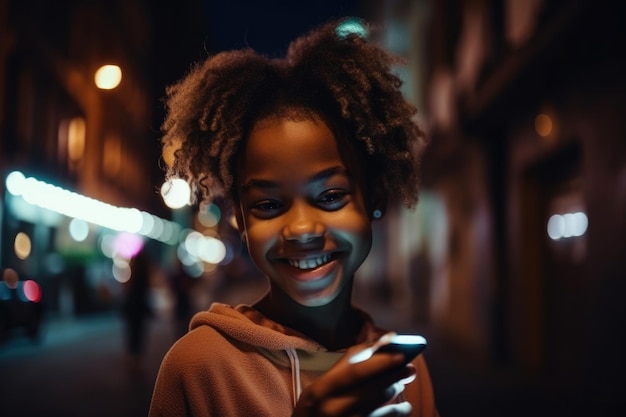 Toma de gran angular de una joven afroamericana de 10 años de edad, ropa de moda usando un teléfono móvil con el fondo de la calle urbana de la ciudad por la noche AI generativo AIG18